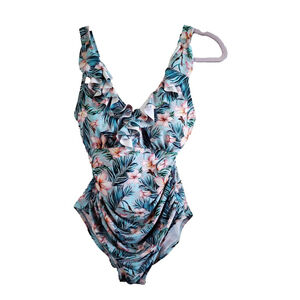 Perona Blue Pink Floral Ruffle One Piece Swimsuit Size 8